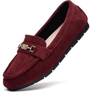 Women Wine Red Suede Accent Buckle Leisure Slip On Walking Flats Shoes
